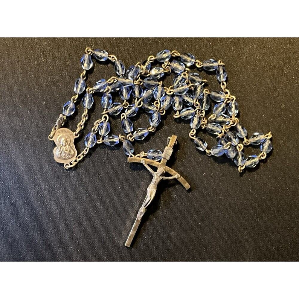 40in Light Blue Crystal Bead Rosary. Metal Crucifix